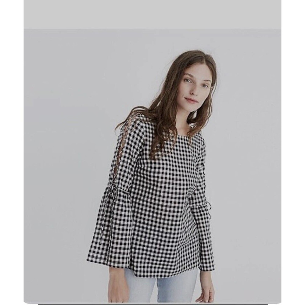 Madewell Gingham Lace Up Bell Sleeve Top Black & White Medium Check Boho… - Picture 2 of 10